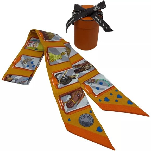 Authentic HERMES Twilly Hermes Story Scarf Orange Silk - Picture 6 of 16